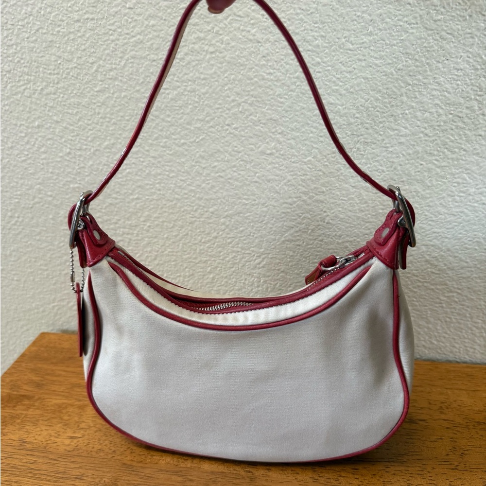 COACH Ivory/Cream canvas with red leather trim, strap, tags w/blue canvas lining